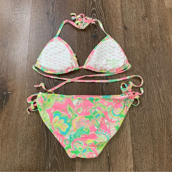 Lilly Pulitzer Womens green/ pink chin chin elephant printed tie bikini set S - Picture 8 of 11